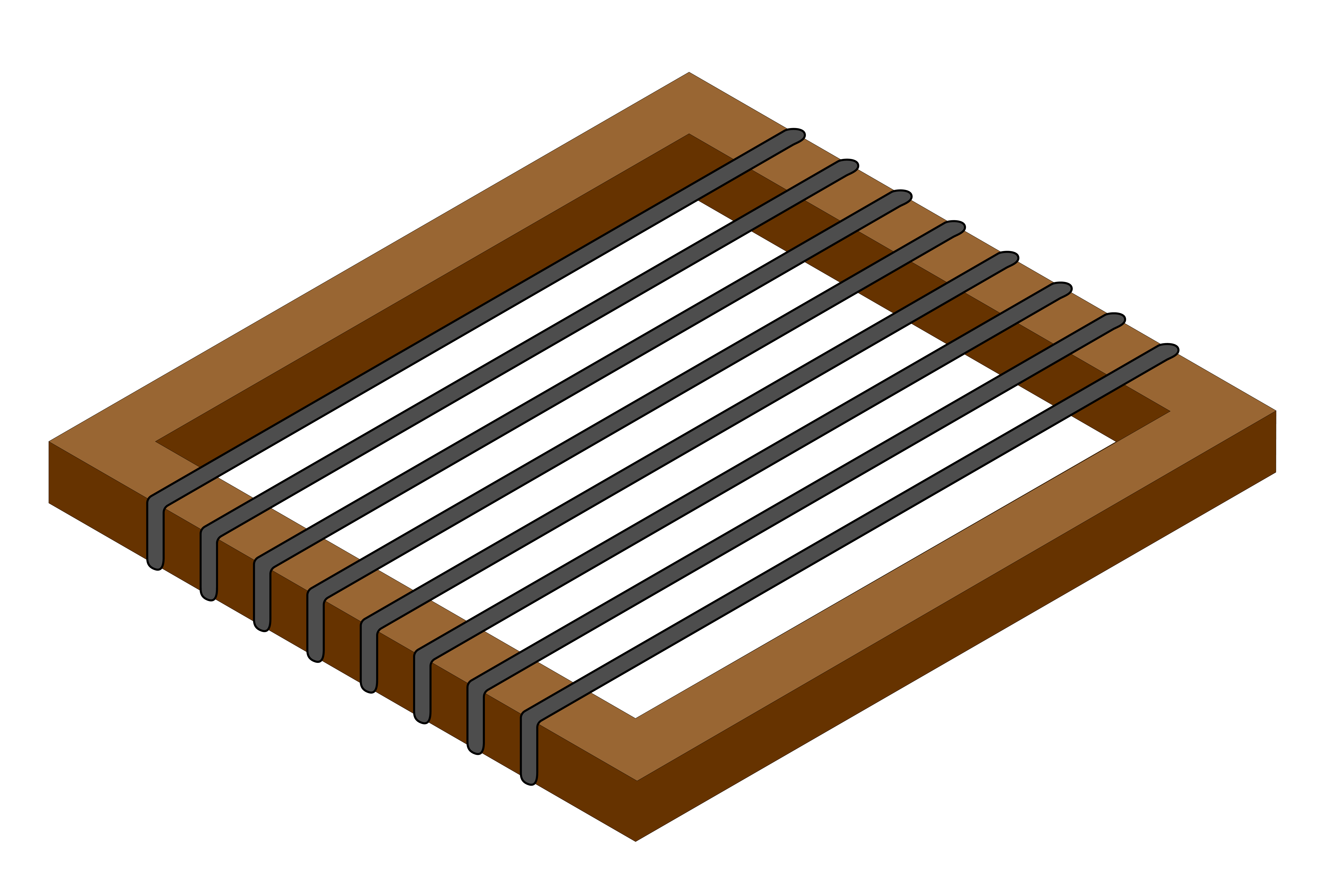 An illustration of a simple loom: a rectangular frame with multiple strands of warp yarn crossing it in parallel.